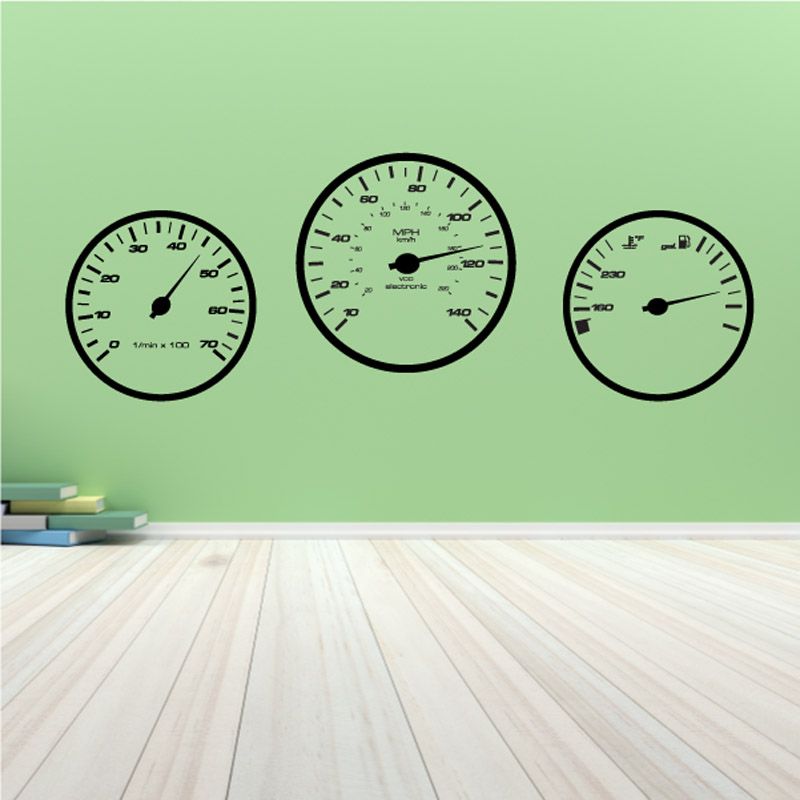 Set of three round speedometer gauge vinyl decals, black outlines with scale markings