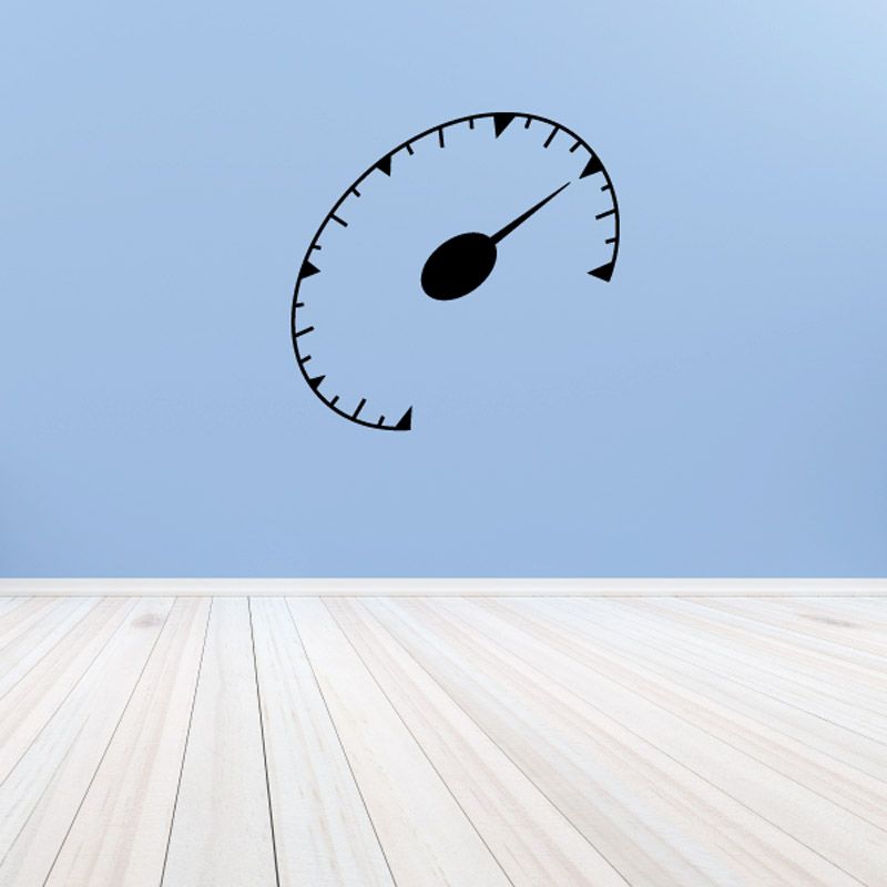 Circle tachometer vinyl decal, black circular gauge with tick marks and needle.