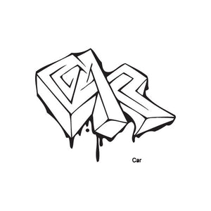 Graffiti-style car decal, black outline with white fill and paint drips
