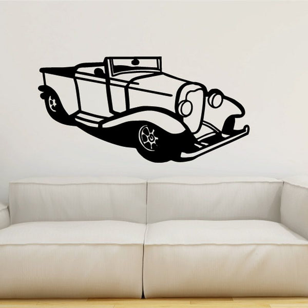 Vinyl car wall decal with black-and-white classic car graphic
