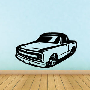 Car wall decal with black and white classic pickup design, bold grille and wheels