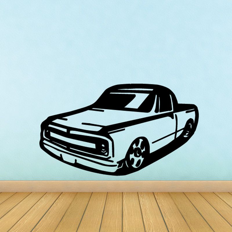 Car wall decal with black and white classic pickup design, bold grille and wheels