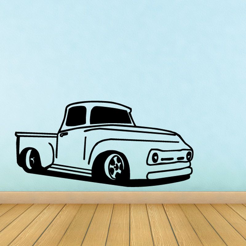 Vintage car vinyl wall decal with light blue body and black outline, front view