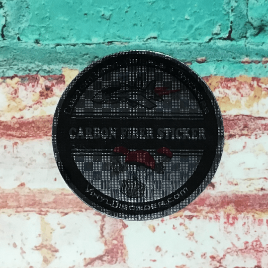 Round gun metal carbon fiber sticker vinyl, black text and mesh texture center