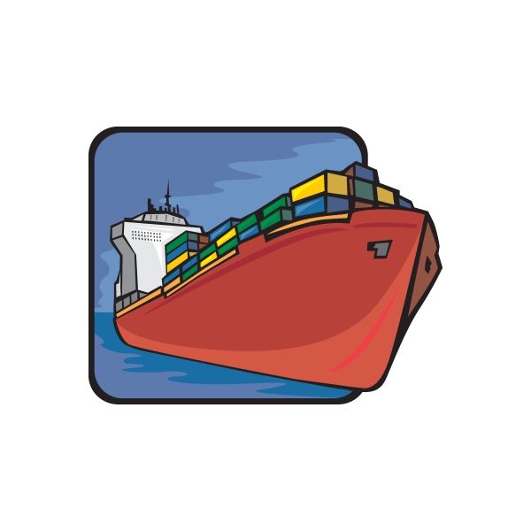 Cargo ship sticker with red hull, yellow bridge, and gray smokestack on blue water