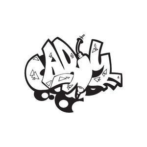 Graffiti-style decal with bold black-and-white abstract tags and dots
