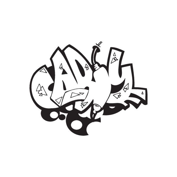 Graffiti-style decal with bold black-and-white abstract tags and dots