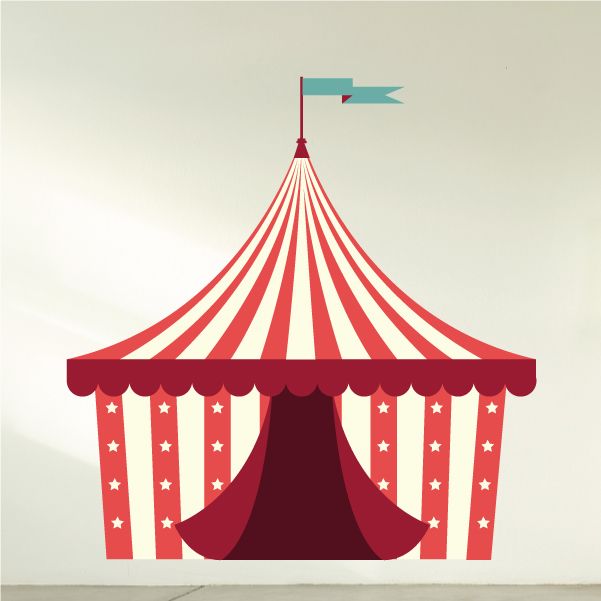 Circus tent wall decal with red-and-white striped canopy and star curtains