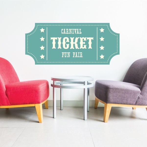 Teal ticket wall decal with stars and 'CARNIVAL TICKET FUN FAIR' text
