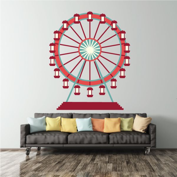 Carnival ferris wheel wall decal with red carriages and teal wheel on circular frame