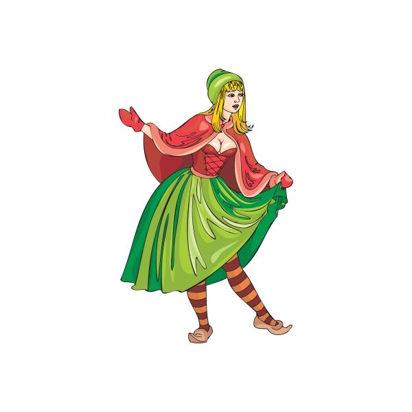 Caroling woman sticker, green skirt and red dress with striped stockings and hat