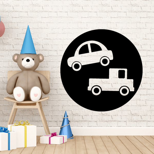 Vinyl wall decal: black circle with white car and truck icons