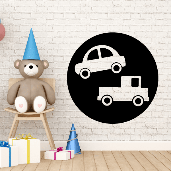 Vinyl wall decal: black circle with white car and truck icons