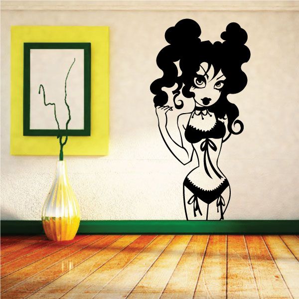 Cartoon babe lingerie wall decal, black silhouette with white face and bikini underwear