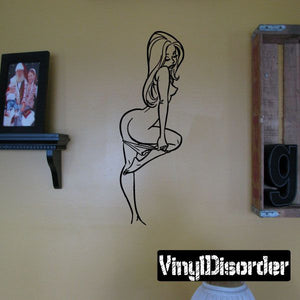 Cartoon woman line-art wall decal, holding panties at waist in side pose