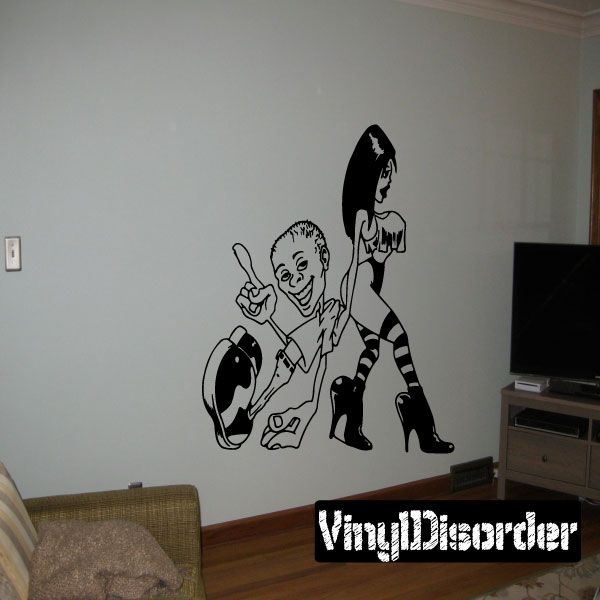 Black and white cartoon wall decal with characters and bold text