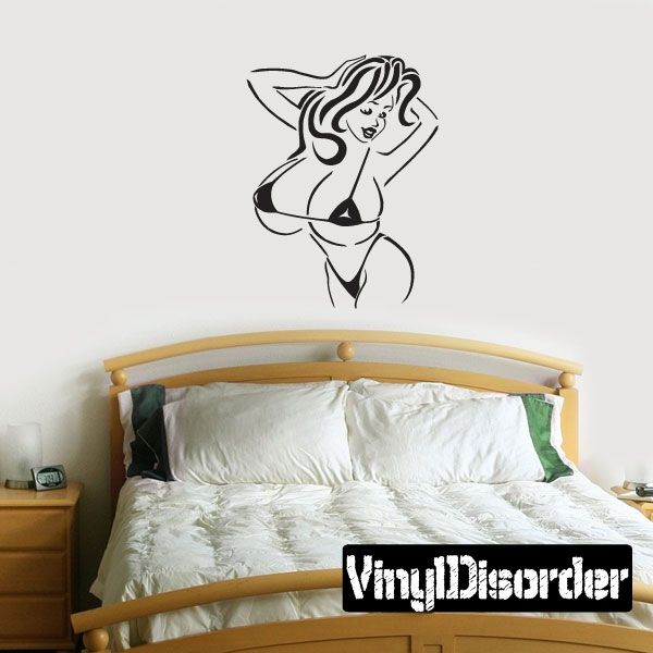 Cartoon bikini girl decal in black and white, stylized side profile with long hair