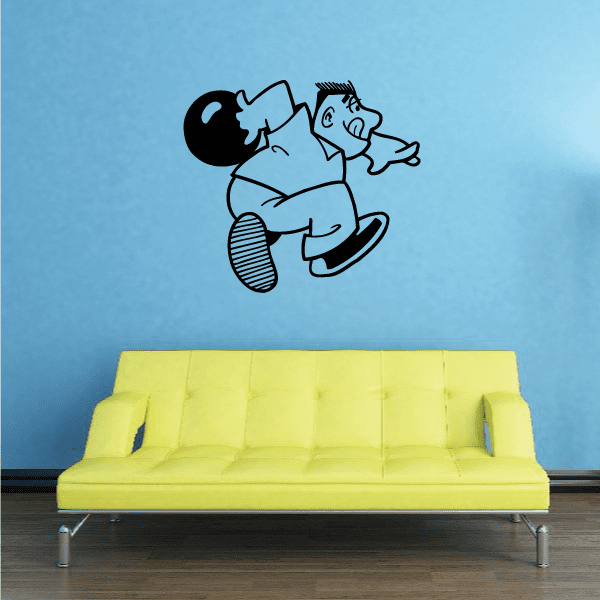 Cartoon bowling player decal showing a character holding a ball and bowling stance