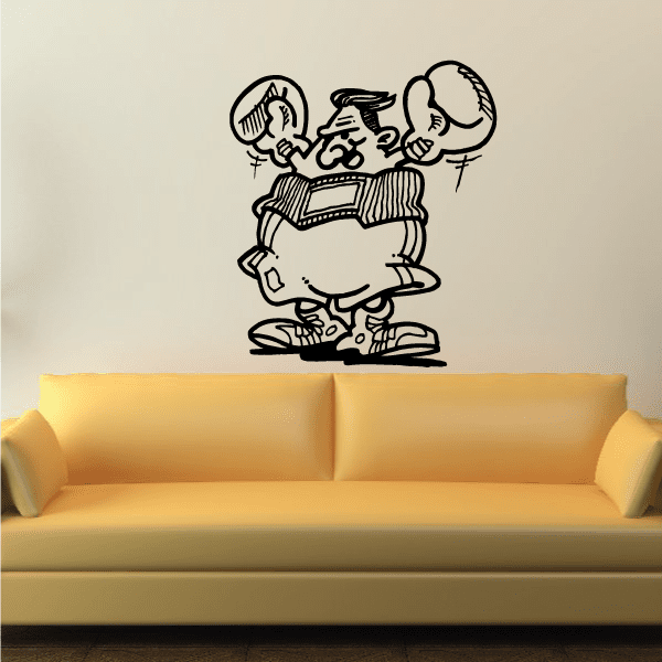 Black-and-white cartoon boxer decal, standing and holding gloves with raised fists.