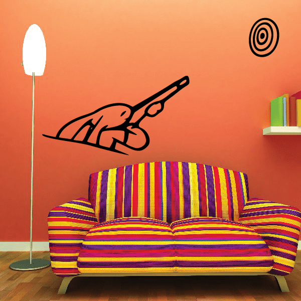 Cartoon bunny hunter decal in black line art, bunny holding a rifle