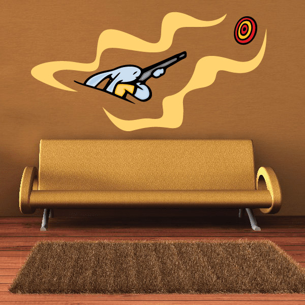 Cartoon bunny hunter die-cut decal with yellow flames and red target.
