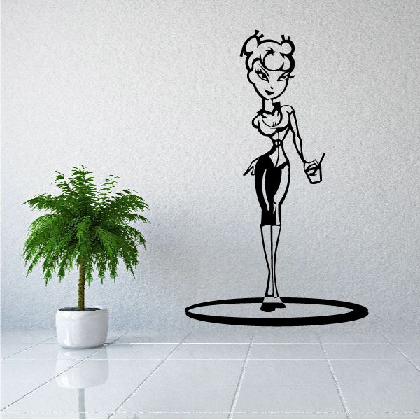 Cartoon drinking decal of a black-and-white woman holding a cup, full-body design