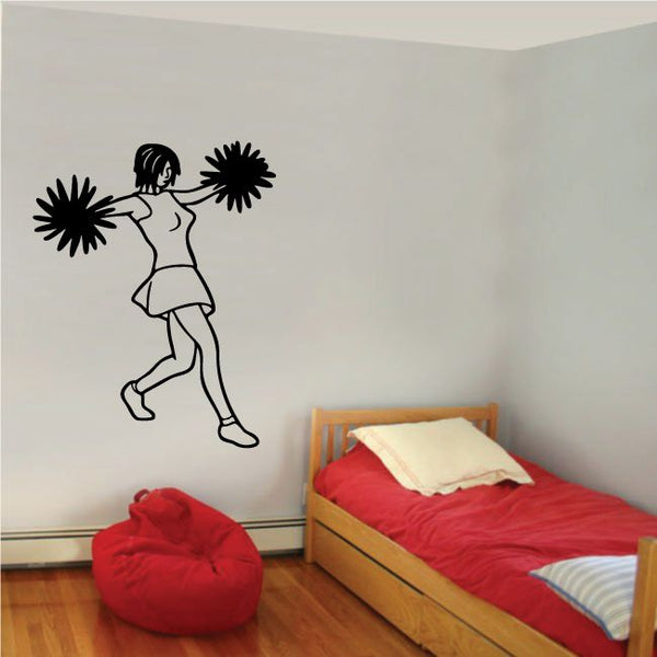 Cartoon cheerleader wall decal, black runner holding pom-poms, skirt and ponytail