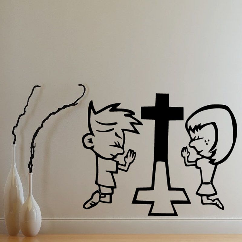 Cartoon children praying wall decal, black outline with cross and two kneeling children