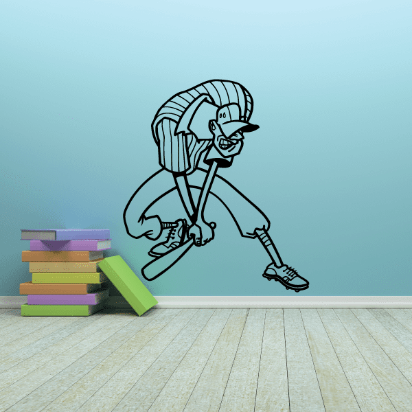 Cartoon cricket batter wall decal with helmet, bat, and striped headgear