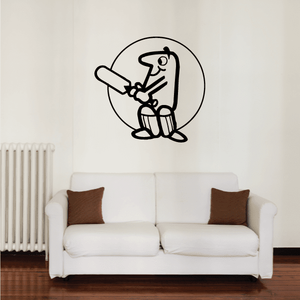 Cartoon cricket player wall decal with batsman holding bat inside circular outline
