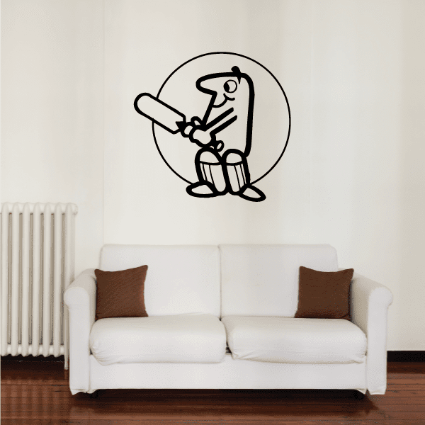 Cartoon cricket player wall decal with batsman holding bat inside circular outline