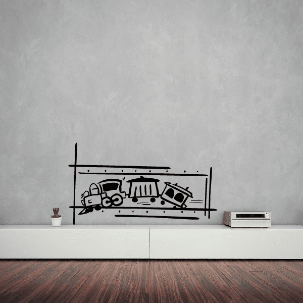 Framed cartoon train wall decal with black outlines and gray details