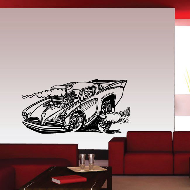 Cartoon vintage car wall decal with line-art design, black on light background