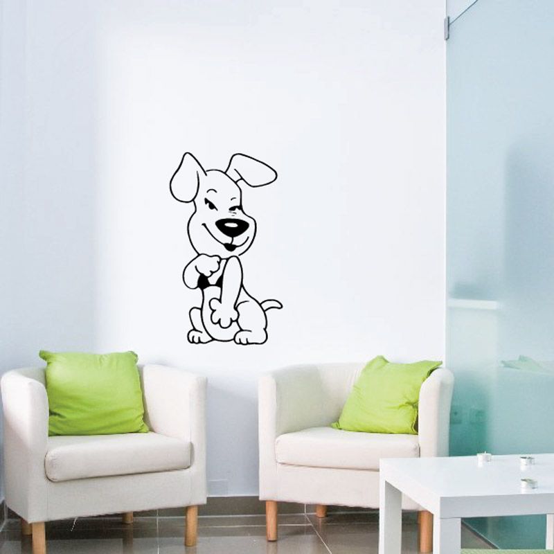 Cartoon dog wall decal, black line drawing of a seated puppy