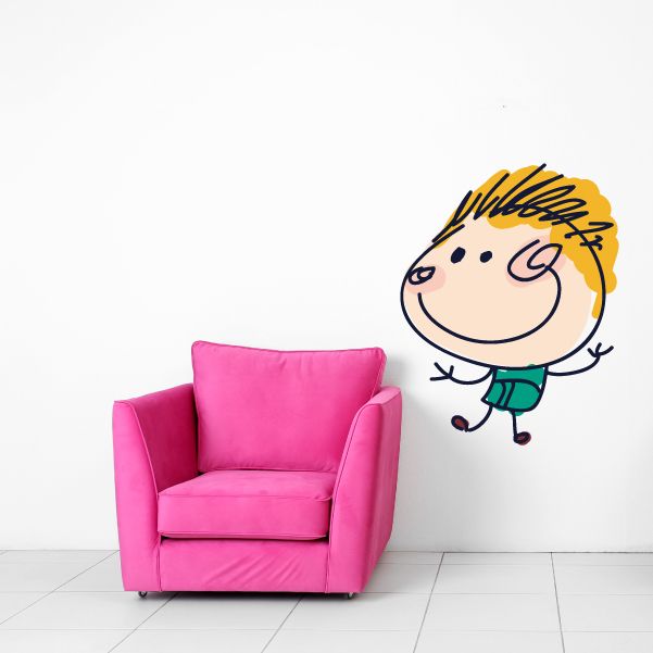 Cartoon girl wall decal vinyl sticker with smiling face and yellow hair, black outline
