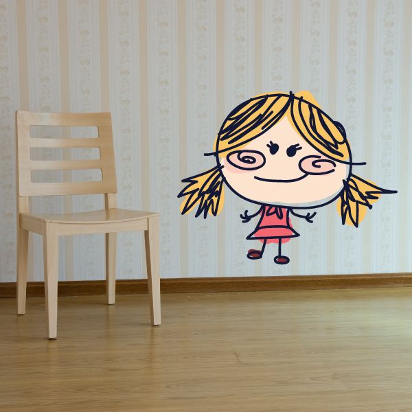 Cartoon girl wall decal vinyl sticker of a blonde girl with pigtails and red dress