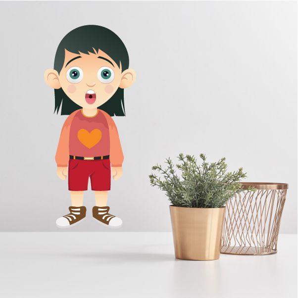 Cartoon girl vinyl wall decal: dark hair, orange shirt with heart, red shorts, white shoes