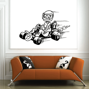 Cartoon go-kart decal featuring a helmeted driver on a race cart.