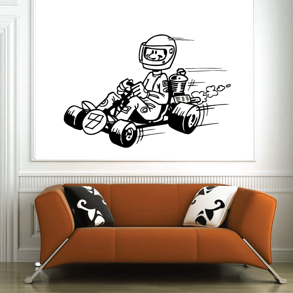 Cartoon go-kart decal featuring a helmeted driver on a race cart.