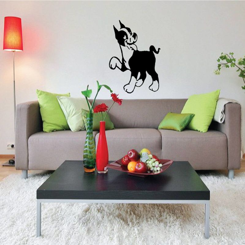 Cartoon happy dog wall decal, black outline and smile, standing with tail up