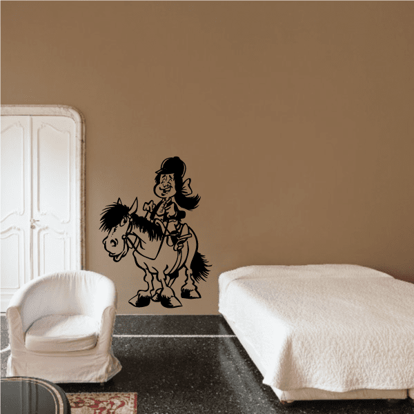 Cartoon horse and rider wall decal with black line art and saddle