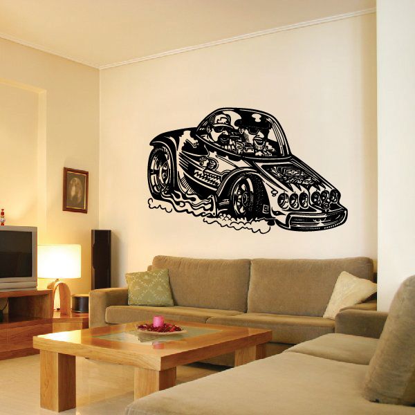Cartoon hot rod decal of a black race car with bold engine details