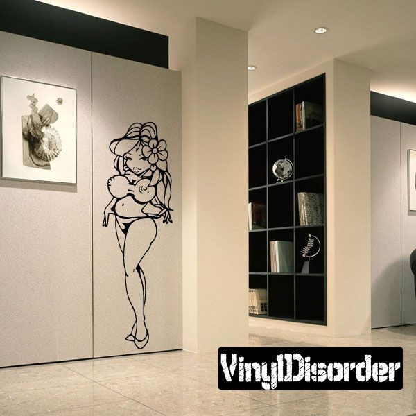 Cartoon line-art wall decal of a woman holding a baby