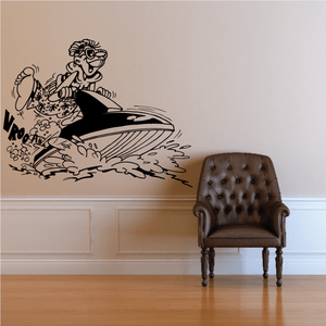 Cartoon jet ski rider wall decal with splash and water spray line art