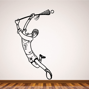 Cartoon lacrosse player wall decal, black outline, helmeted stick-raising jersey 7