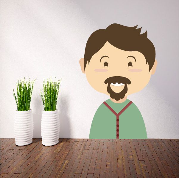 Cartoon men wall decal of a bearded man with brown hair and green shirt