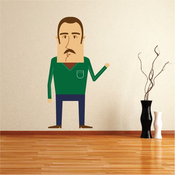 Standing bearded cartoon man vinyl wall decal, green shirt, dark pants