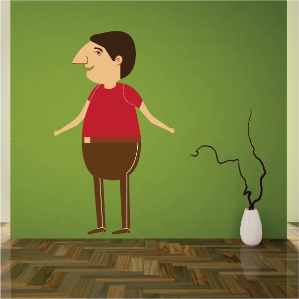 Cartoon men wall decal: profile standing man in red shirt and brown pants, vinyl sticker