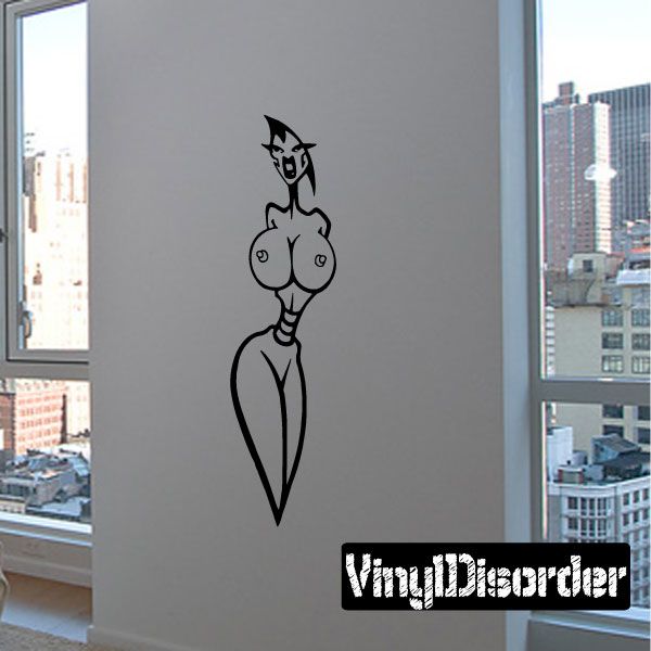 Cartoon monster babe decal, black line-art figure with horned head and long body