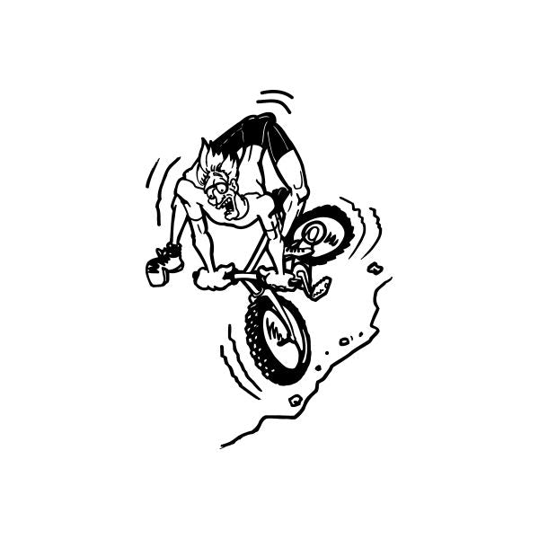 Cartoon mountain biker decal in black outline, rider crouched beside a mountain bike